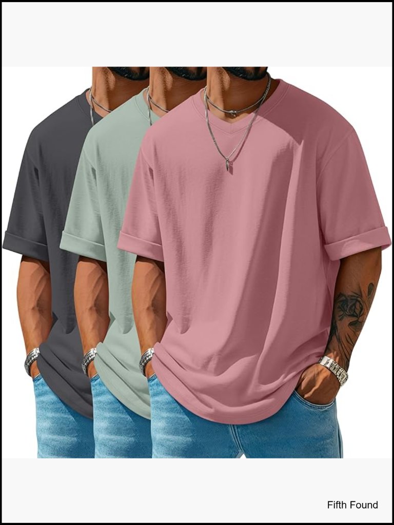 3 Pack Men's Oversized T-Shirts Short Sleeve Loose Fit V Neck Rolled Sleeve Tee